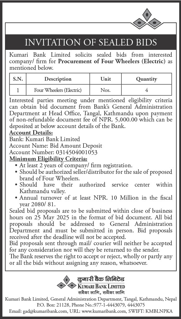 Invitation for Sealed Bid: Procurement of Four Wheelers (Electric)